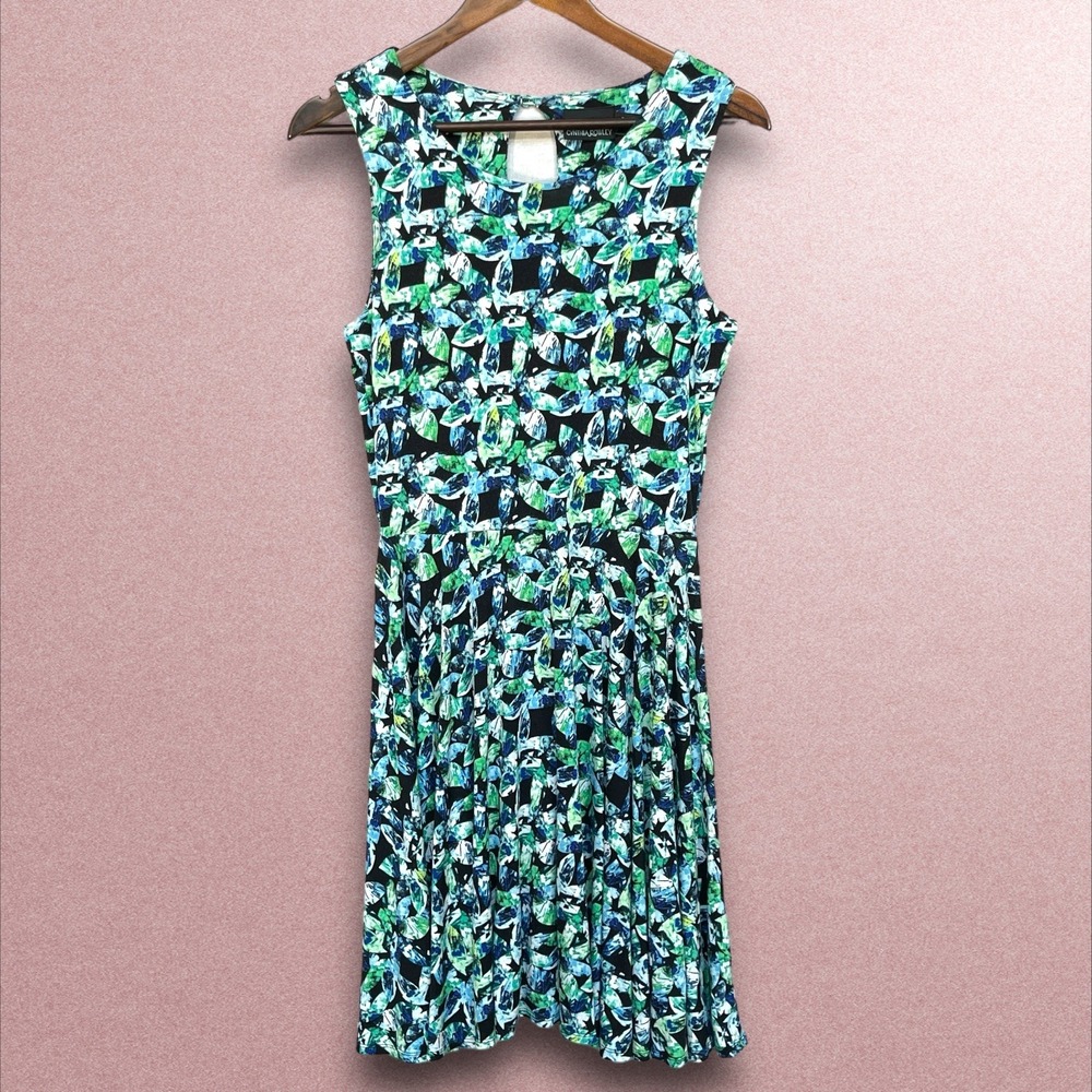 Cynthia Rowley Womens Green Blue Abstract Leaf Print Fit Flare Mini Dress Size M